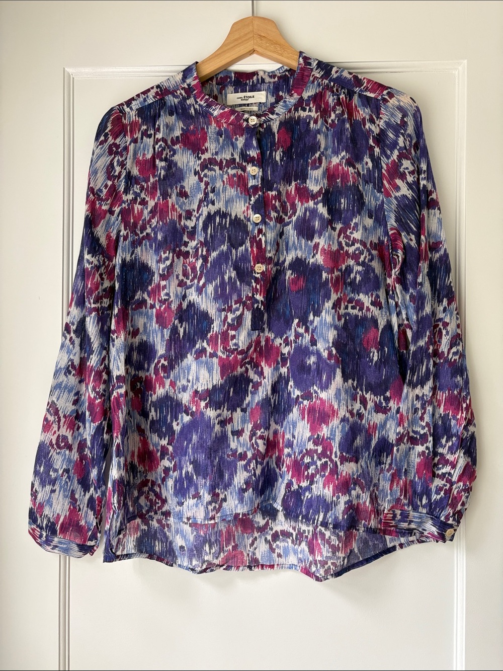 Etoile Isabel Marant Blue Purple Magenta Ikat Printed Popover Blouse
